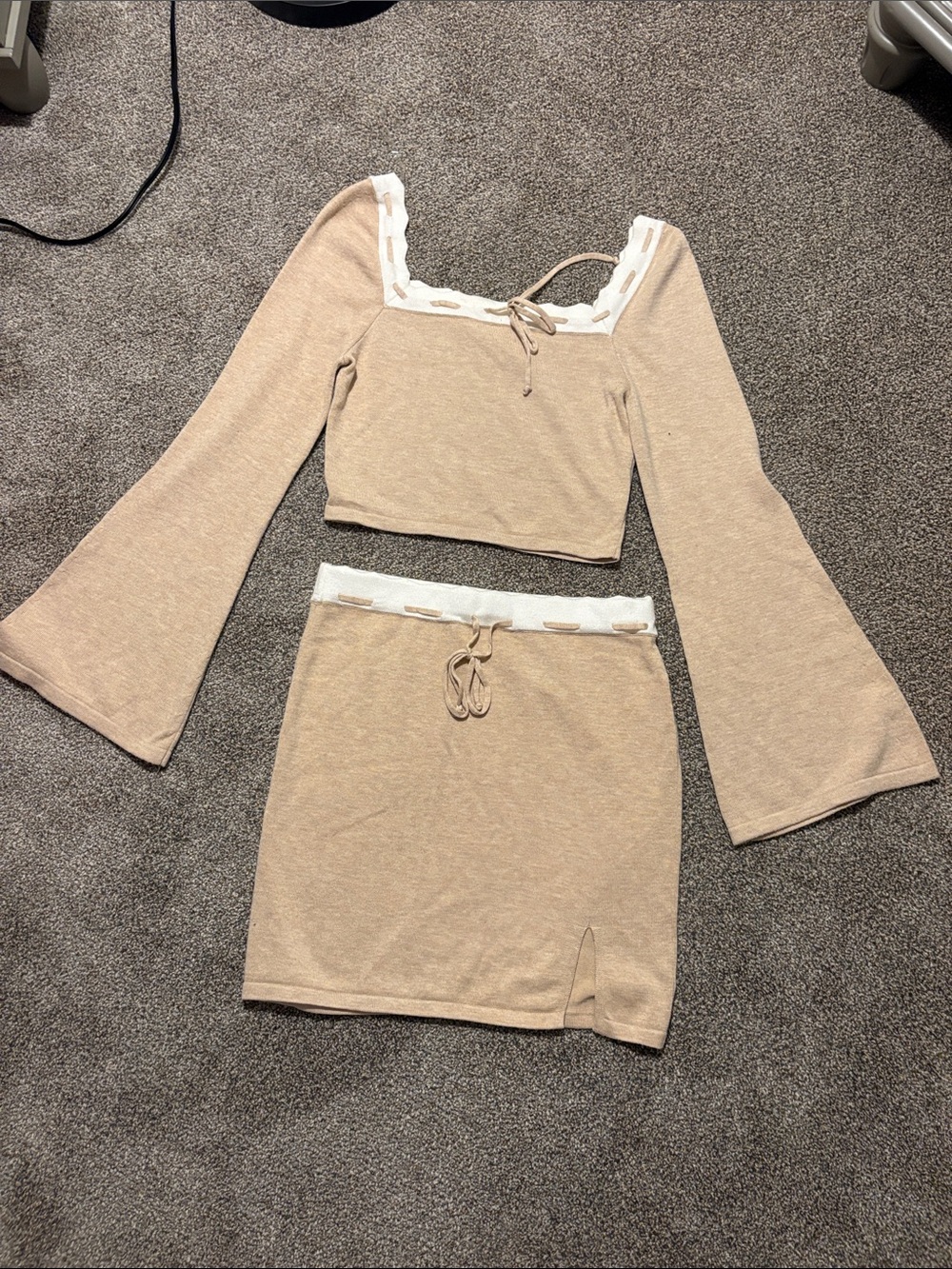 Beige Two Piece Set Knit Mini Skirt with Drawstring Waist and Top - Women